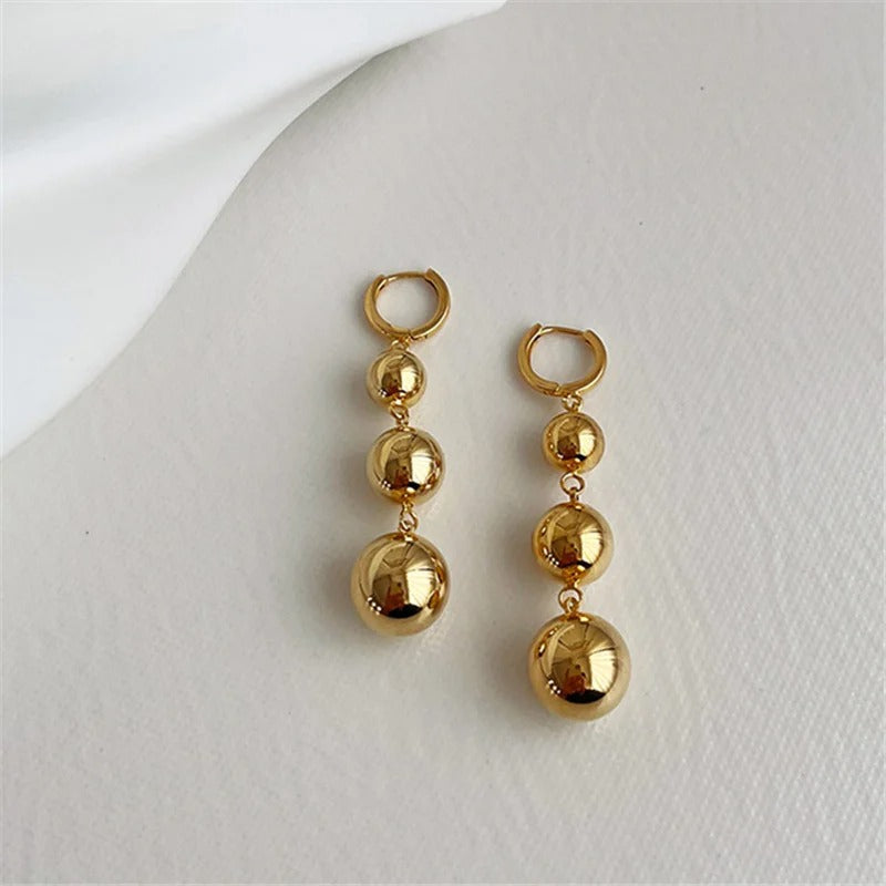 Gold Shiny Triple Ball Dangle Earrings