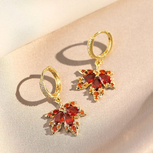 Red Zircon Maple Leaf Pendant Earring