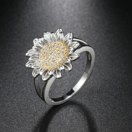 Vintage Floral Sunflower Silver Ring