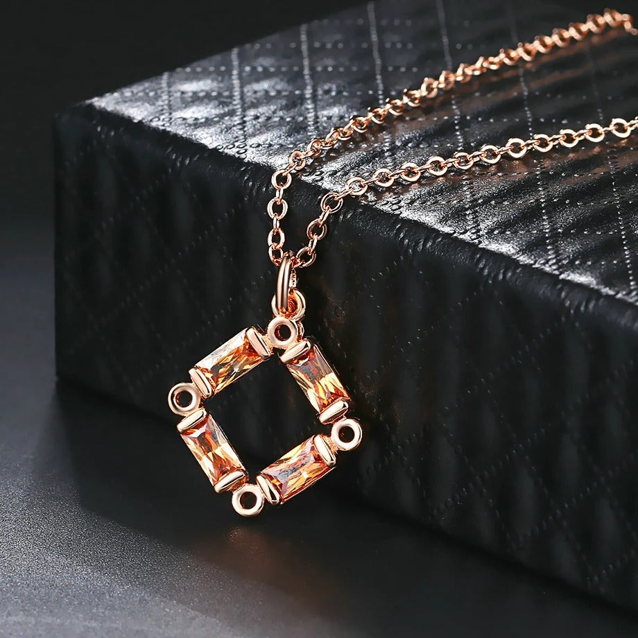 Classic Rose Gold Crystal Square Charm Necklace