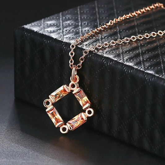 Classic Rose Gold Crystal Square Charm Necklace