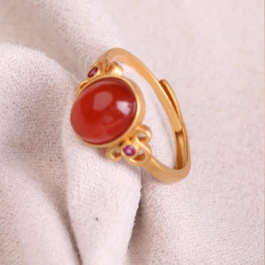 Vintage Gold Inlaid Natural Red Carnelian Oval Adjustable Ring