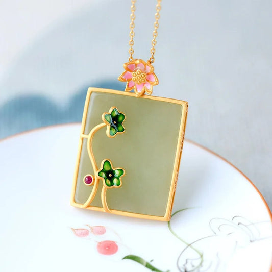 Vintage Green Blossom Gold Framed Leaf Necklace