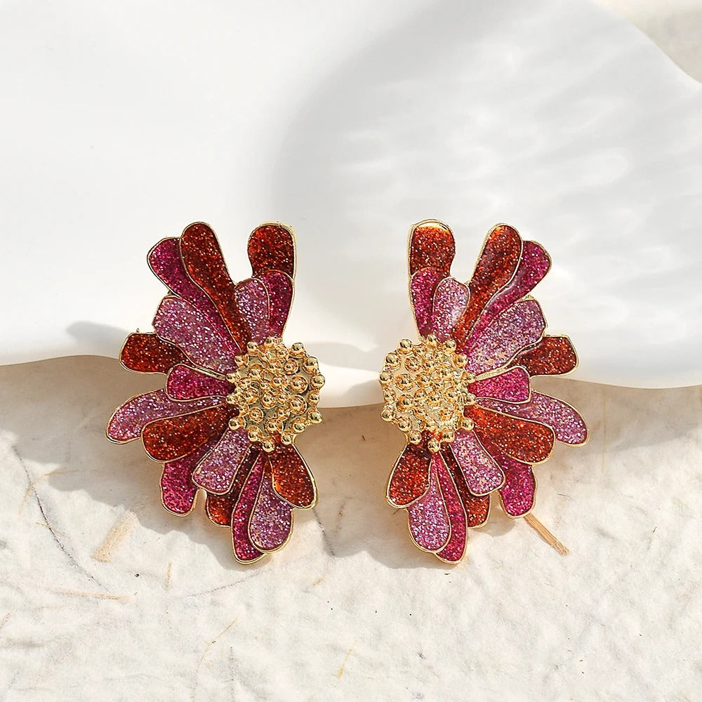 Vintage Pink & Red Glitter Flower Gold Earrings