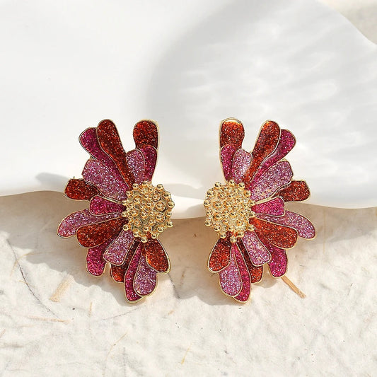 Vintage Pink & Red Glitter Flower Gold Earrings