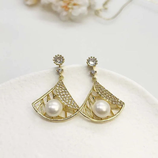 Gold Pearl & Crystal Dangle Earrings