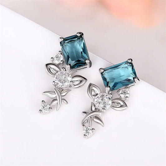 Silver Rectangle Blue Stone Earrings