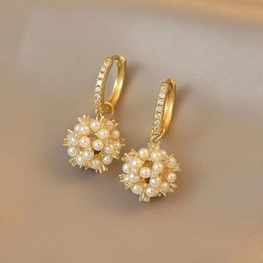Gold Pearl Cluster Hoop Earrings