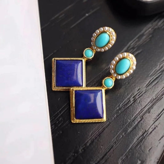 Retro Gold & Lapis Square Blue Gemstone Dangle Earrings