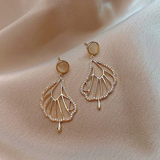 Gold Crystal Leaf Drop Earrings