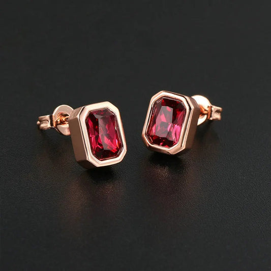 Vintage Rose Gold Deep Red Crystal Stud Earrings