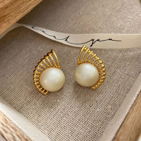 Gold Radiant White Round Pearl Earrings