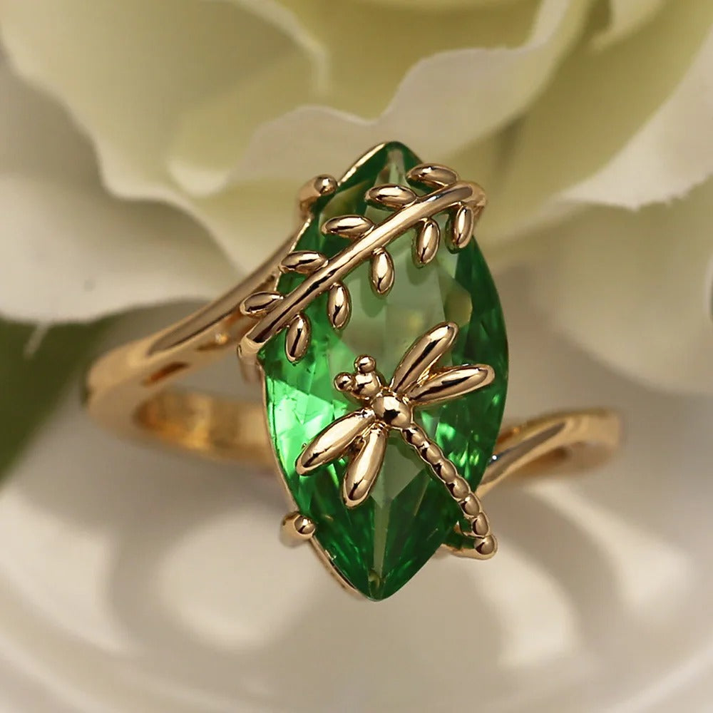 Gold Green Gemstone & Dragonfly Ring