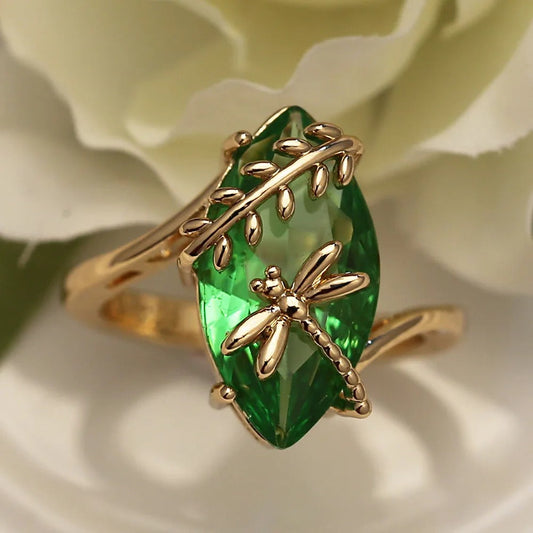Gold Green Gemstone & Dragonfly Ring