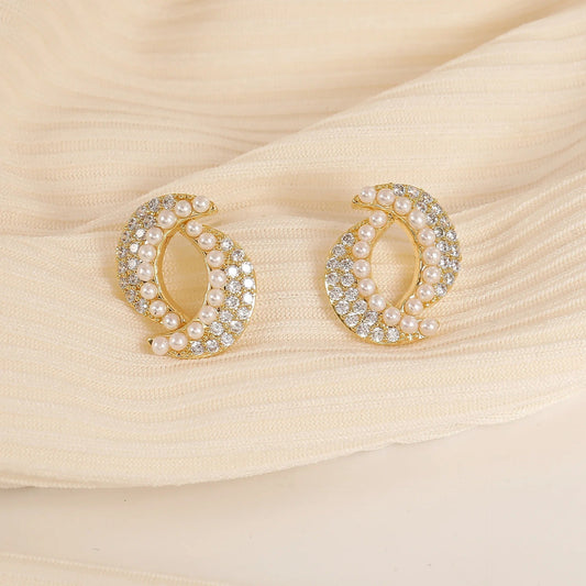 Vintage Double Moon Pearl & Gold Earrings