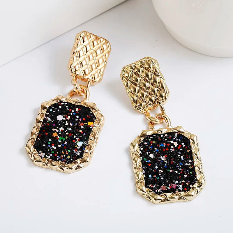 Vintage Gold Black Sparkle Earrings