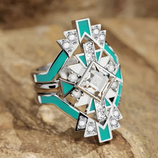 Silver Geometric Turquoise Gemstone Ring
