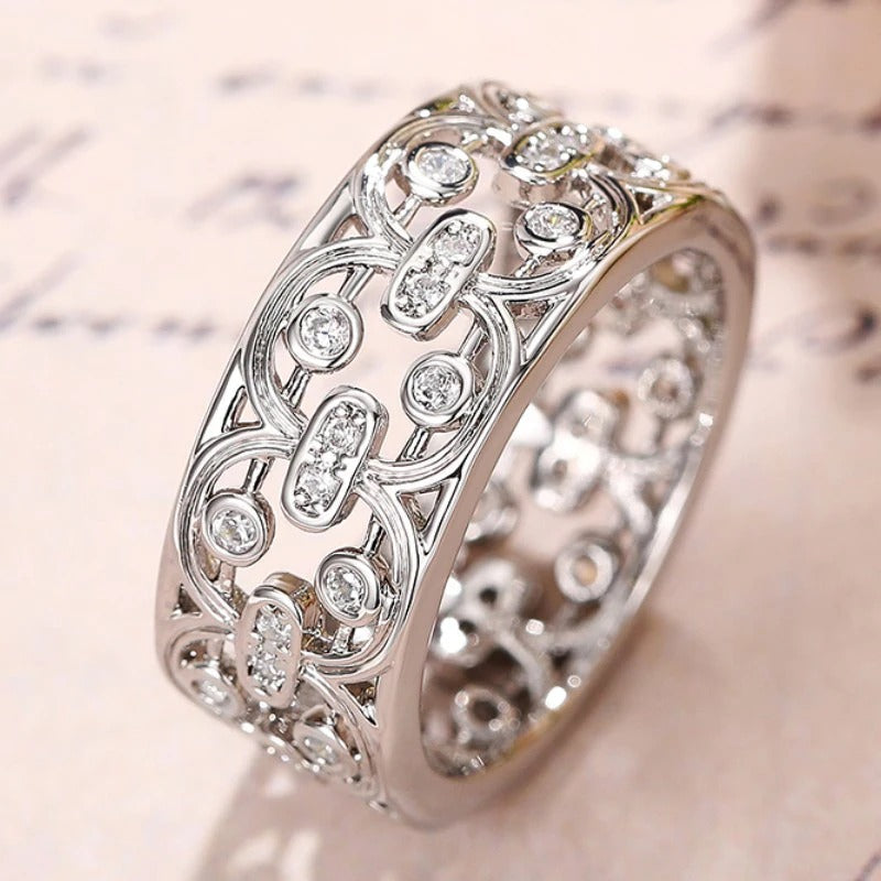 Silver Crystal Inlay Lace Pattern Ring