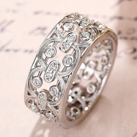 Silver Crystal Inlay Lace Pattern Ring