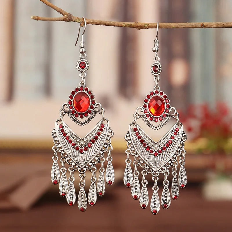 Silver Vintage Boho Red Crystal Earrings