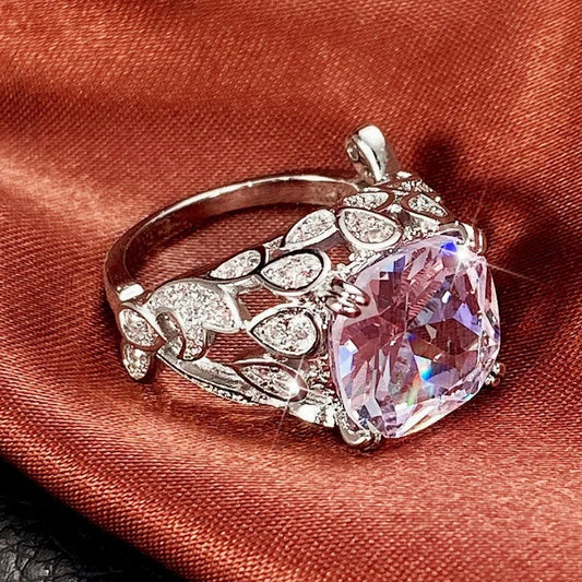 Silver Cushion Purple Gemstone Leaf Crystal Ring