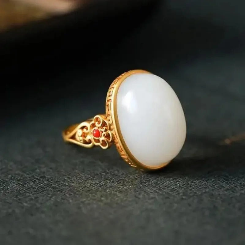 Vintage Gold White Hollow Oval Ring Jade Ring