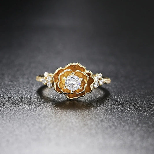 Classic Gold Flower Center Gem & Side Crystal Ring