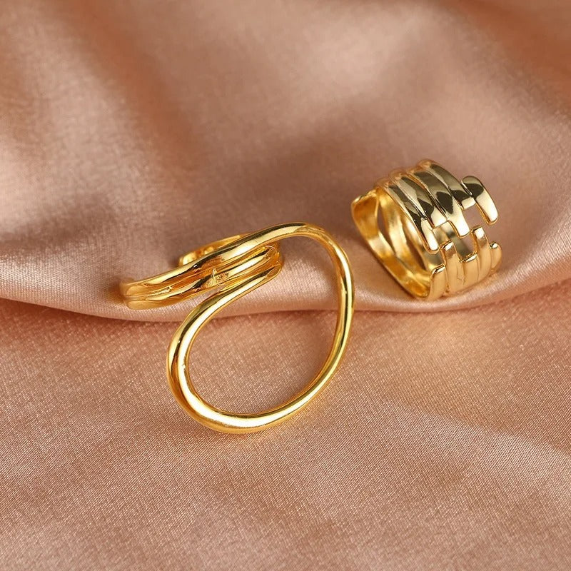 Retro Smooth Curved & Layered Gold Band Adjustable Ring Set