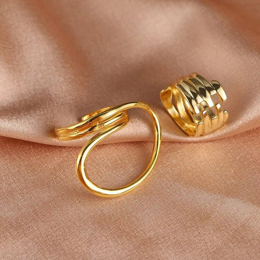 Retro Smooth Curved & Layered Gold Band Adjustable Ring Set