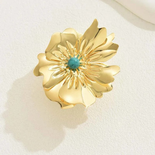 Gold Flower Central Turquoise Gem Adjustable Ring