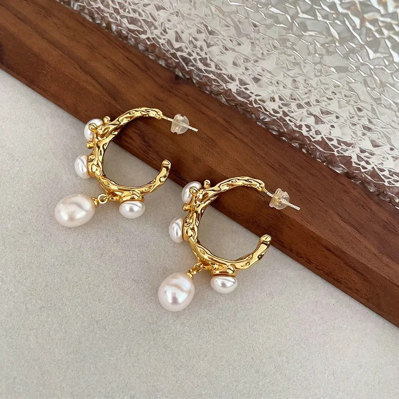 Antique Style Gold Hoop Freshwater Pearl Charm Earrings