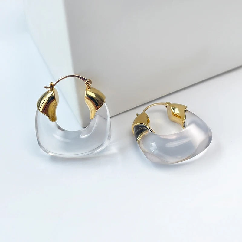 Gold & Clear U-Shaped Hoop Earrings