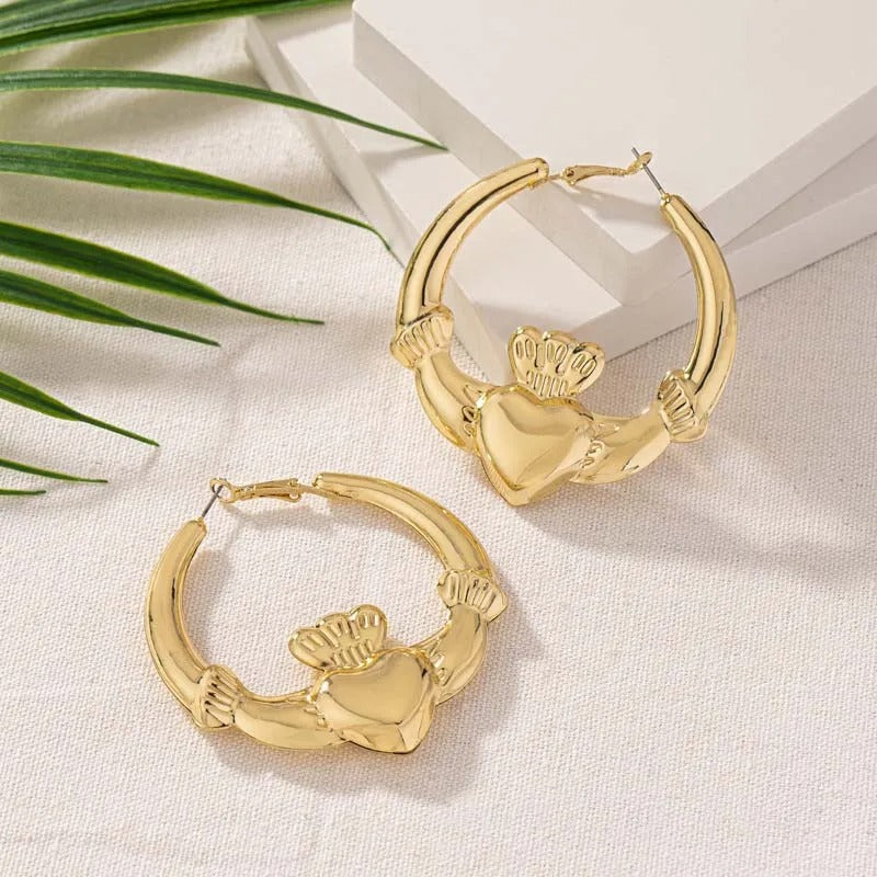 Gold Heart-Shaped Winged Hoop Earrings