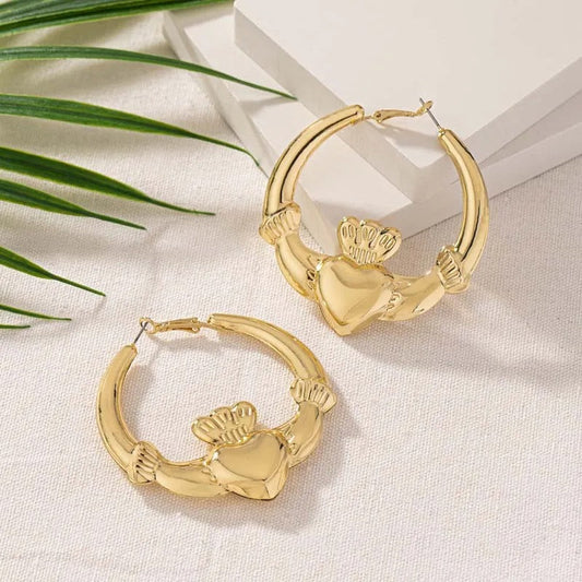 Gold Heart-Shaped Winged Hoop Earrings