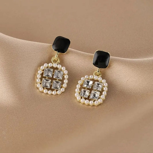 Pearl & Crystal Circle Square Dangle Earrings