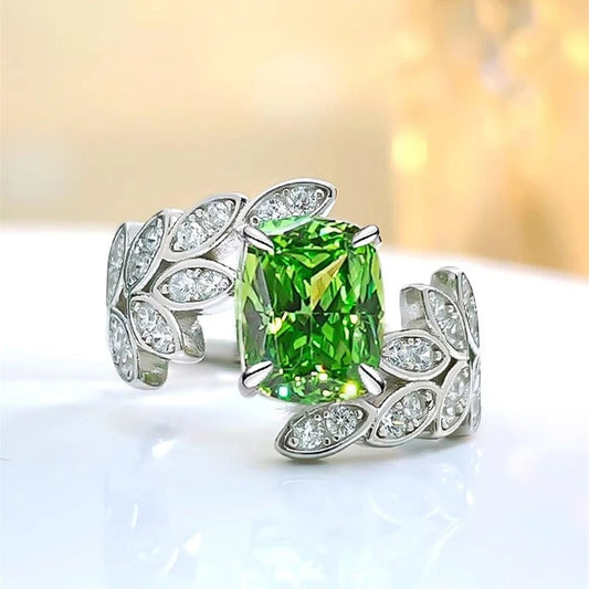 Green Crystal Leaf Pattern Silver Ring