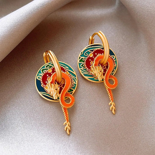 Classic Gold Colorful Dragon & Flame Design Earrings