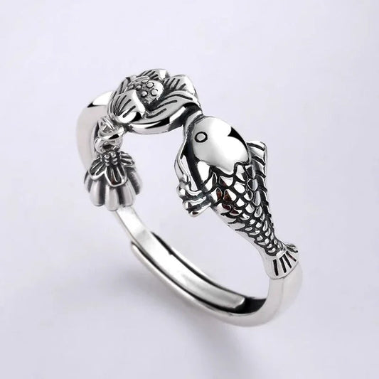Vintage Silver Fish & Flower Design Adjustable Ring