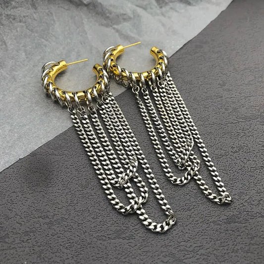Gold & Silver Chain Drop Hoop Earrings