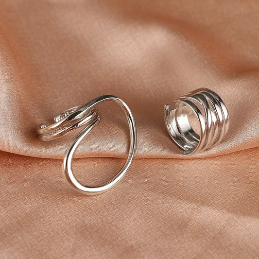 Classic Silver Twisted Swirl & Layered Adjustable Ring Set