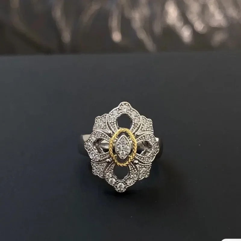Vintage Gold & Silver Floral Diamond Adjustable Ring