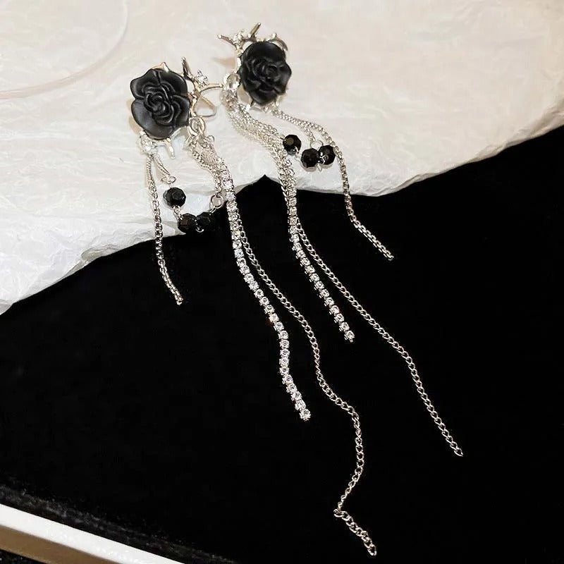 Silver Black Rose & Hanging Crystal Chains Earrings