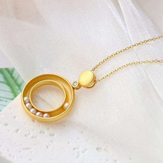 Classic Gold Matte Pearl & Circle Design Pendant Necklace