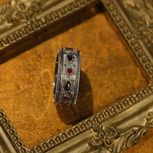 Vintage Silver Palace Style Inlaid Red & Blue Crystal Ring