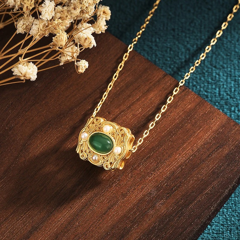 Vintage Gold Green Gem & Pearl Square Pendant Necklace