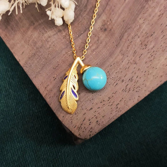 Vintage Gold Turquoise Bead Feather Pendant Necklace