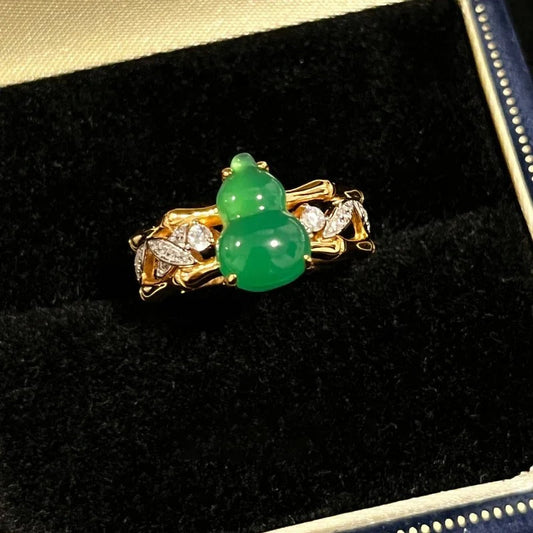 Vintage Green Bamboo Knot Gourd & Diamond Gold Adjustable Ring