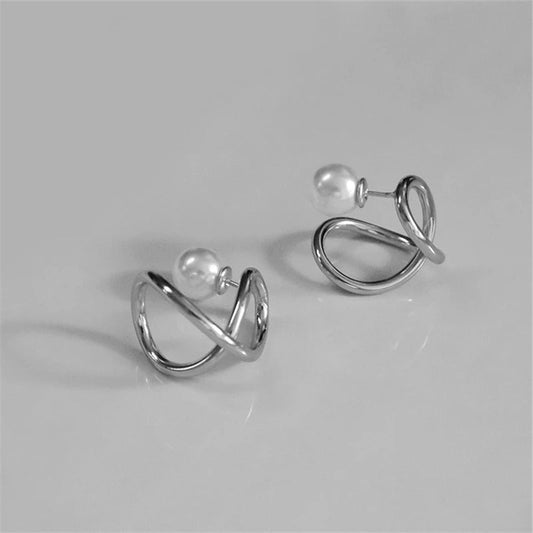 Classic Pearl Twisted Hoop Silver Band Earrings