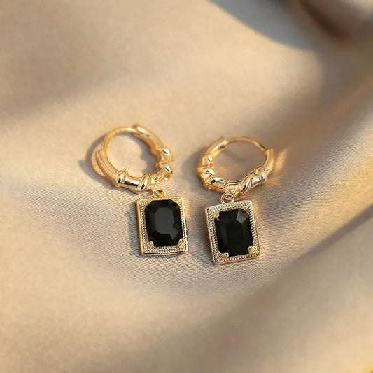 Gold Black Zirconia Pendant Earrings