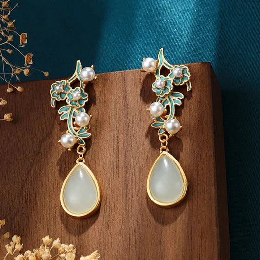 Classic Gold & Green Floral Inlaid Pearl Jade Water Drop Earrings